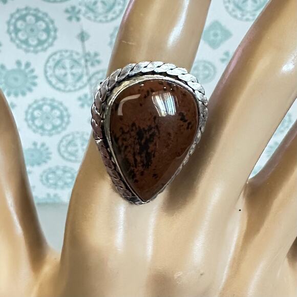 Mahogany obsidian gemstone rang silver overlay stamped 925 adjustable - Picture 2 of 5